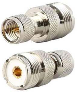 Mini UHF male connector to UHF female SO-239 connector straight inter-series adaptor, 50 Ohms – nickel plated